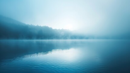 Fototapeta premium Thick fog parting to reveal clear still blue lake, soft morning light, minimalist landscape, mental clarity metaphor, off-center, vast empty sky for text.