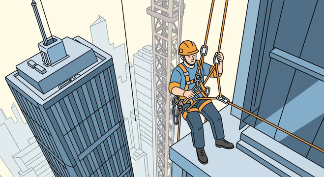 Construction worker rappelling down skyscraper with safety harness and ropes, city skyline background.