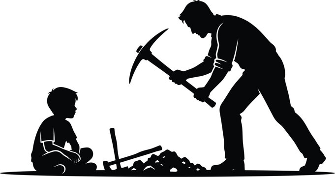 Silhouette of a man working with a pickaxe beside a young child