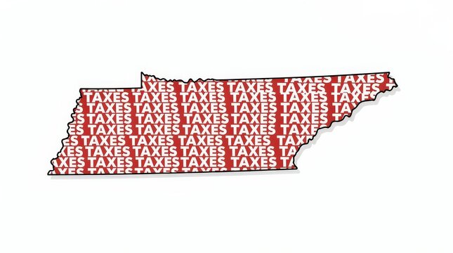 Outline of Tennessee filled with the word "TAXES" repeated in red, highlighting the state's tax-related theme.