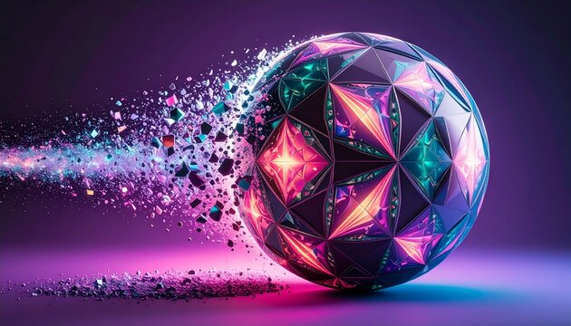 &ldquo;A crystalline neon sphere disperses fragments toward a glowing white orb in a dark space, symbolizing transformation, energy exchange, and the contrast between complexity and simplicity.&rdquo;