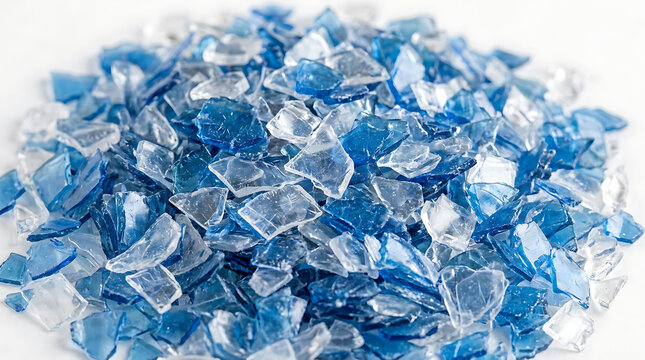 A pile of small blue and clear glass shards.