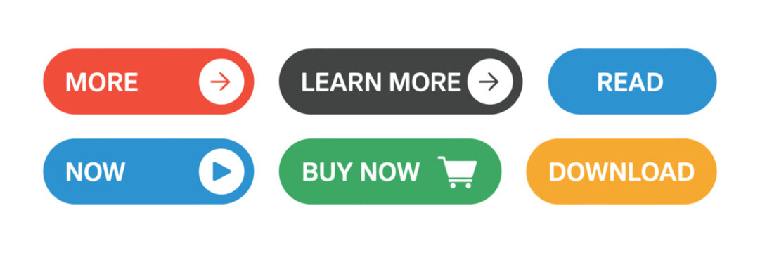 Flat Button Vector Set featuring colorful modern web and app UI buttons, Read More, Learn More, Buy Now, Download, Watch Now, and Book Now design.