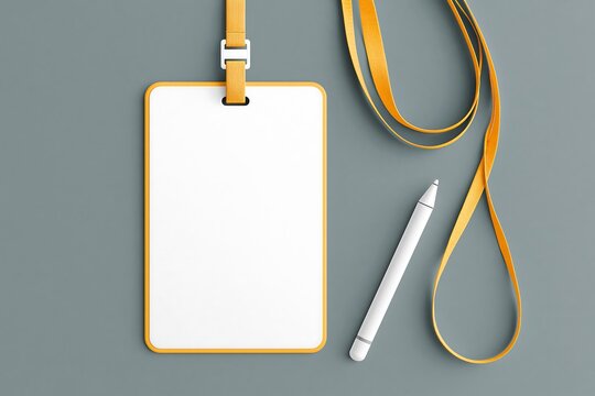 A simple identity card is suspended on yellow strap with gray backdrop.