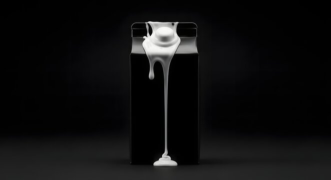 Thick white liquid pouring and dripping down a minimalist black carton against a dark background, creating a stark and high-contrast visual.