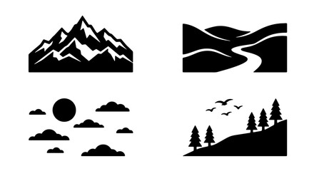 Mountain Range, Winding River Landscape, Sun and Clouds, Pine Forest Scene Icons. Minimalist Black and White Vector Graphics for Nature and Travel Themes. © Faisal