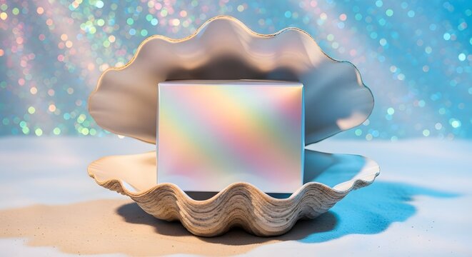 A shimmering iridescent card nestled inside an open clam shell, set against a magical sparkling blue background.