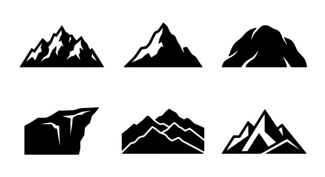 Mountain Silhouettes Collection, Rugged Peaks and Rocky Outcrops, Diverse Summit Icons for Adventure and Nature Graphics