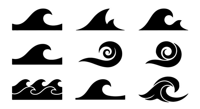 Set of 9 Black Wave Icons, Ocean Water Swells, Sea Surfing Graphics, Nautical Design Elements, Coastal Marine Symbols, Dynamic Liquid Motion