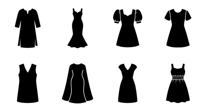 Elegant Black Dress Silhouettes Collection, Fashion Vector Icons Set, Classic Apparel Styles for Style Guides and Design Projects
