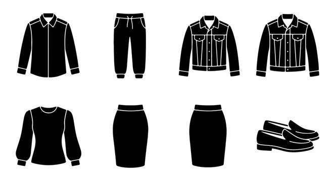 Black Silhouette Fashion Icons: Casual & Formal Apparel Collection, Vector Graphics for Style Guides and E-commerce