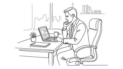 Fototapeta premium A man sitting at a desk with a laptop and coffee.