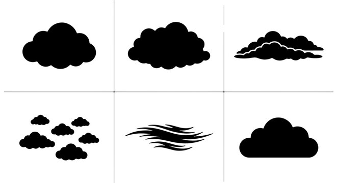 Set of 6 Black Cloud Icons, Weather Symbols, Cumulus and Stratus Formations, Vector Graphics for Meteorology and Sky Illustrations