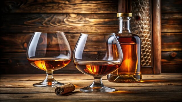 Two glasses of cognac and a bottle displayed on a rustic wooden table