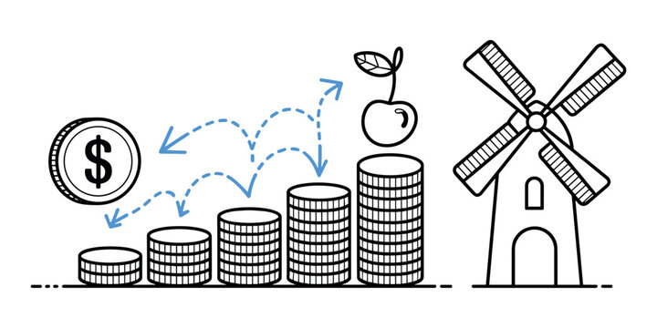 Black and white of coins stacks with dollar coin and windmill and apple with blue arrows line money in white background