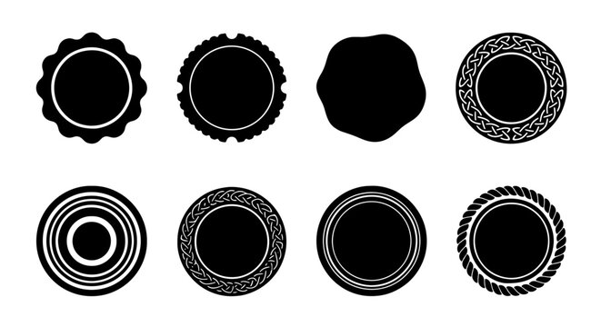 Set of 8 Black Circular Seals, Stamps, and Badges, Vector Graphics for Certificates, Awards, and Official Documents