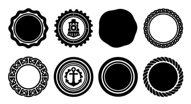 Set of 8 Vintage Circular Badges and Emblems, Retro Seals, Nautical Anchor and Train Icons, Decorative Frames, Vector Graphics
