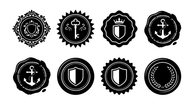 Vintage Emblem Seals Collection, Retro Heraldic Badges, Nautical Anchor Icons, Royal Crown Crests, Key Symbols, Laurel Wreath Design Elements, Black and White Vector Graphics for Branding