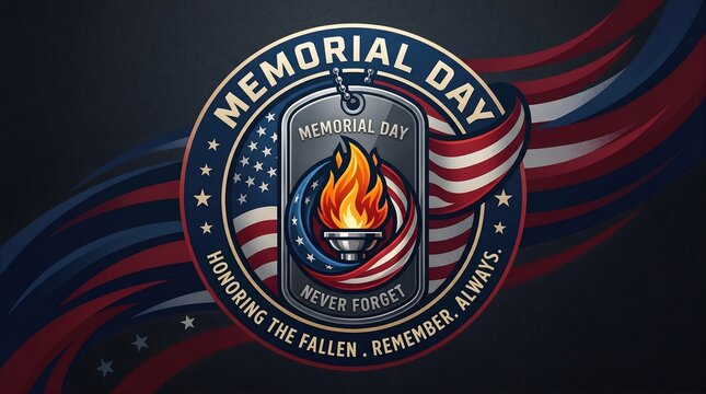 Dynamic circular badge with a stylized flame and the American flag pattern. Modern design on a swirling dark background. Text: "REMEMBRANCE, NEVER FORGET."