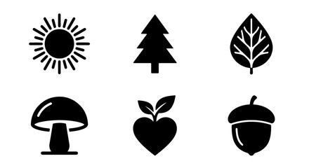 Nature Icons Set: Sun, Pine Tree, Leaf, Mushroom, Heart Plant, Acorn, Vector Graphics for Ecology and Outdoors © Anwar