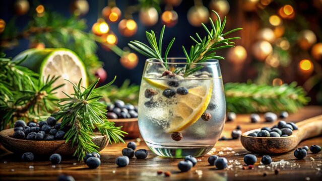 Happy gin and tonic with rosemary and juniper berries