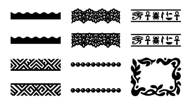Decorative Vector Borders and Frames: Egyptian Hieroglyphs, Geometric Patterns, Floral Accents, and Lace Elements for Graphic Design Projects
