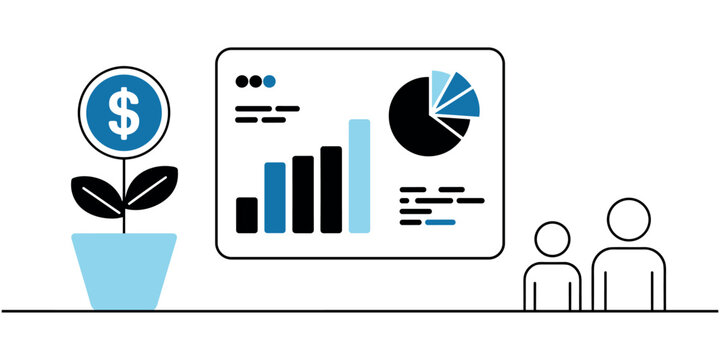 Business growth and finance presentation with plant and people dollar sign in white background