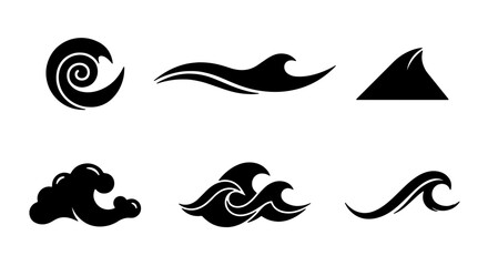 Set of 6 Black Wave Icons, Ocean Swirl and Cresting Water Symbols, Marine and Nautical Design Elements, Vector Graphics for Surfing and Coastal Themes © Shohidul