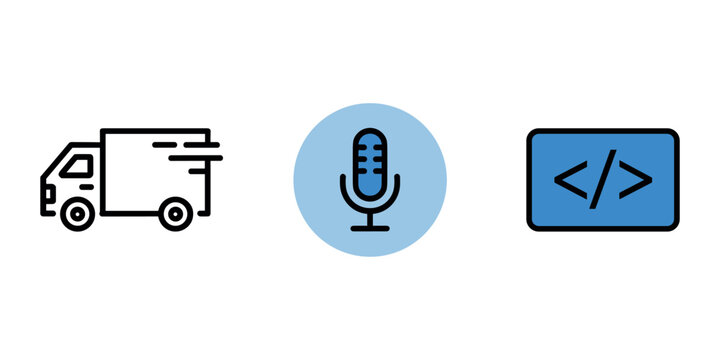 Delivery truck microphone coding symbols computer code HTML in white background