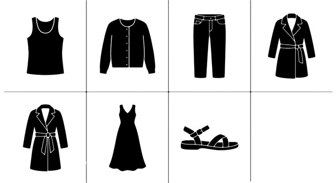Black Silhouette Fashion Icons: Casual & Formal Apparel, Footwear Collection, Vector Graphics for Style Guides and E-commerce