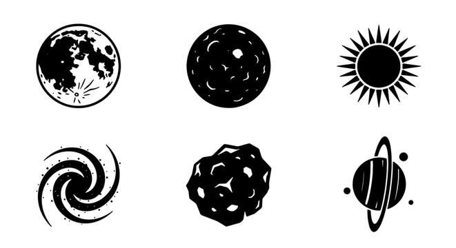 Cosmic Icons Set: Celestial Bodies, Planets, Moon, Sun, Galaxy, Asteroid, Vector Graphics for Space Exploration and Astronomy Themes