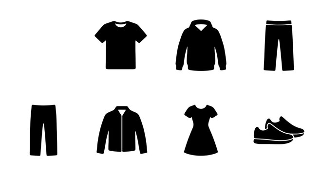 Black Apparel Icons Set, Casual Clothing Vector Graphics, Fashion Garment Symbols, Footwear Collection, T-shirt, Hoodie, Pants, Jacket, Dress, Sneakers