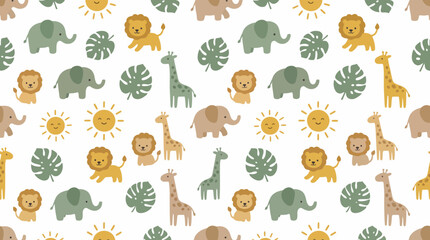 Whimsical animal pattern featuring giraffe, elephant, lion, and monkey on leafy decor motif. © pixmastock