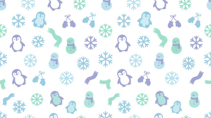 Whimsical Penguin Pattern with Snowflakes on a Cool Blue Background. © pixmastock