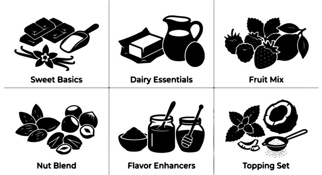 Baking Ingredients Icons: Sweet Basics, Dairy Essentials, Fruit Mix, Nut Blend, Flavor Enhancers, Topping Set Vector Graphics
