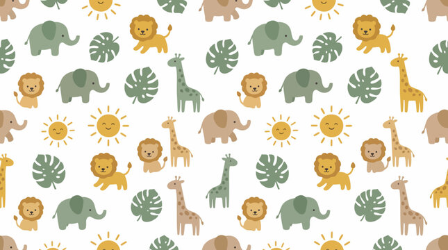 Whimsical animal pattern featuring giraffe, elephant, lion, and monkey on leafy decor motif.