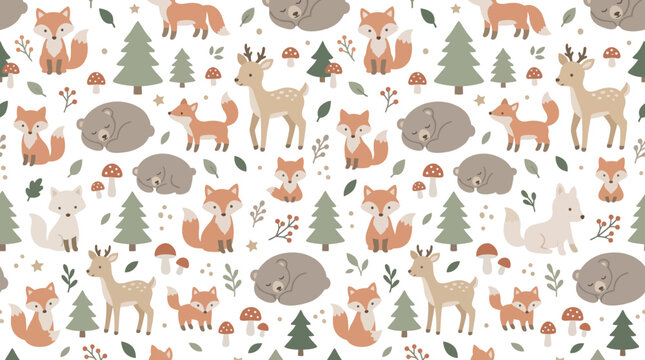 Whimsical Woodland Animal Pattern with Foxes, Deer, and Hedgehogs.