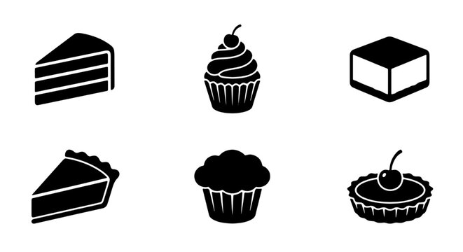 Six Black Dessert Icons: Slice of Cake, Cupcake, Square Pastry, Pie Slice, Muffin, Cherry Tartlet, Vector Graphics for Food Service and Baking Themes