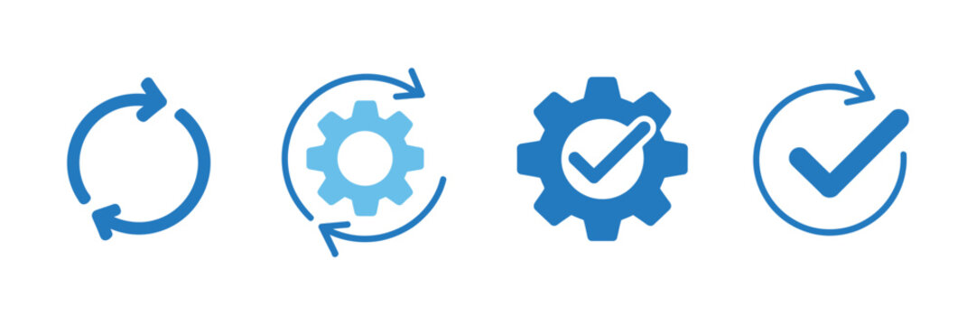 Sync process, reload icon set, circle arrow with gear wheel, recycling recurrence, renewal refresh processing, settings, update with a checkmark vector illustration