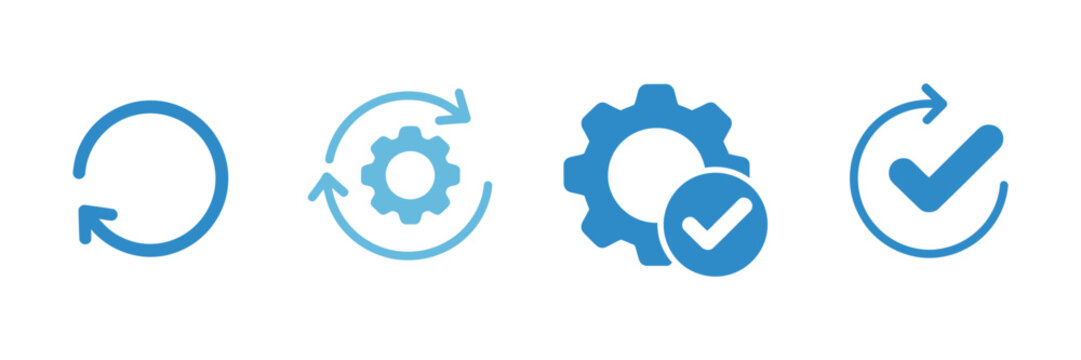 Sync process, reload icon set, circle arrow with gear wheel, recycling recurrence, renewal refresh processing, settings, update with a checkmark vector illustration