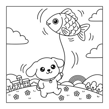 Puppy flying a fish shaped kite in a meadow with a rainbow is a cute hand drawn vector coloring page