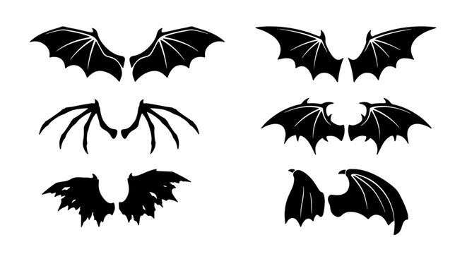 Set of Six Vector Bat Wings Silhouettes, Dark Fantasy Creature Appendages, Gothic Angelic Accents, Halloween Design Elements, Black Graphic Icons