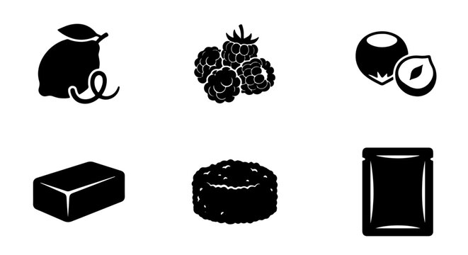 Six Black Silhouette Icons: Lemon, Raspberries, Hazelnut, Chocolate Bar, Cake, Packaging Pouch. Simple Food & Ingredient Vector Graphics for Culinary Design.
