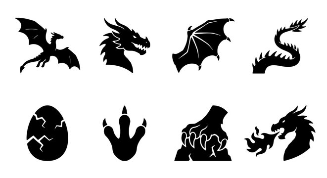 Mythical Dragon Icons Set, Fantasy Creature Silhouettes, Magical Beast Vector Graphics, Fire Breathing Dragon, Winged Serpent, Dragon Egg, Claw Footprint, Ancient Legend Elements