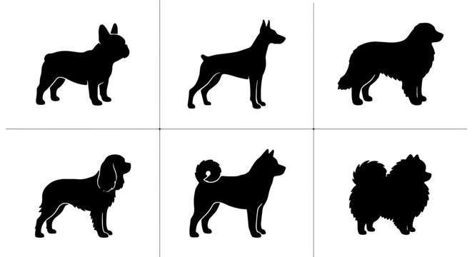 Six Dog Breed Silhouettes, Vector Icons: French Bulldog, Doberman, Collie, Cocker Spaniel, Akita, Pomeranian, Pet Graphics