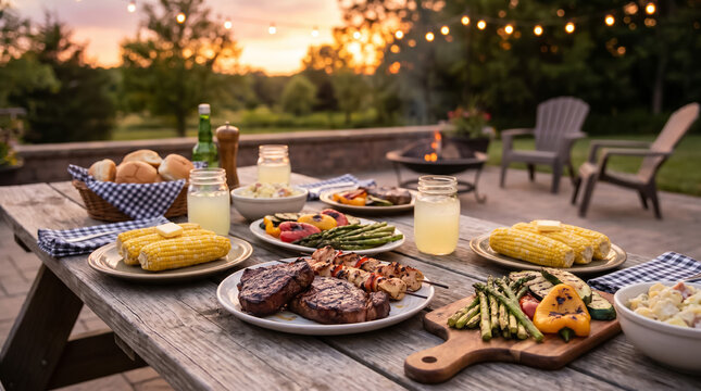 A delicious summer backyard BBQ feast served on a wooden picnic table during sunset with a cozy fire pit and string lights.