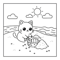 Kitten digging a deep hole in the sand with a shovel on a sunny beach is a fun vector coloring page © Crafter