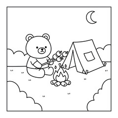 Campfire roasting marshmallows with a cute bear cub near a tent on a starry night is a coloring page © Crafter