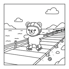 Rollerblading bear cub wearing a safety helmet skates down a coastal boardwalk coloring page © Crafter