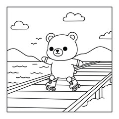 Rollerblading bear cub skating on a wooden boardwalk along the ocean shore is a fun outline coloring page © Crafter